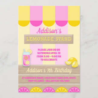 Pink Yellow Lemonade Stand Summer Birthday Party Invitation