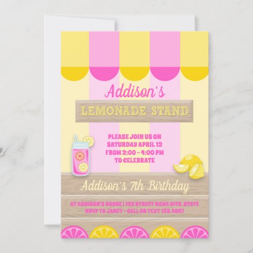 Pink Yellow Lemonade Stand Summer Birthday Party Invitation