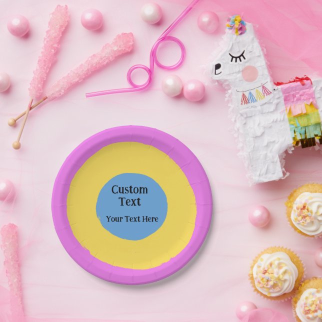 Pink Yellow Light Blue Vibrant Design Custom Text Paper Plates (Party)