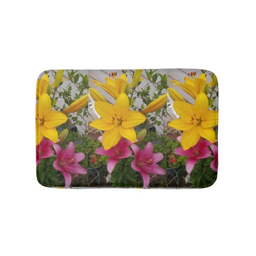 Pink Yellow Lily lillies flower floral Bath Mat