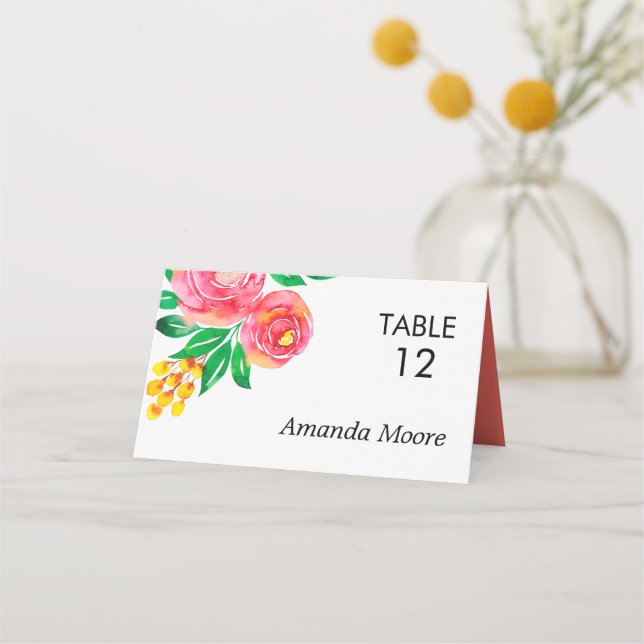 Pink, Yellow, Living Coral Floral Place Cards (Front)
