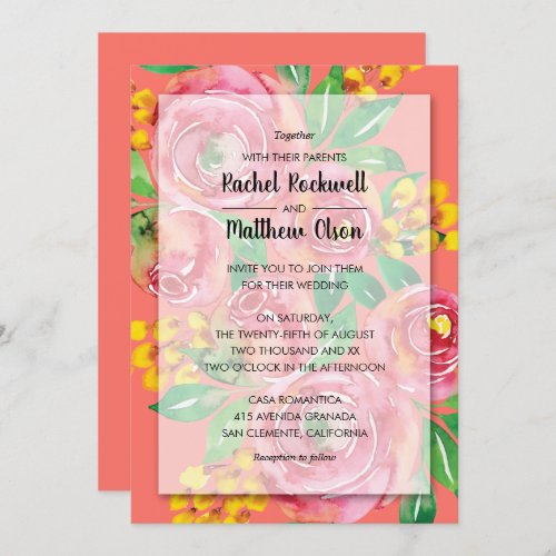 Pink Yellow Living Coral Floral Wedding Invites