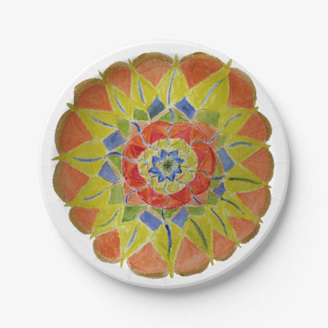 Pink Yellow Mandala Watercolor Paper Plates (Front)