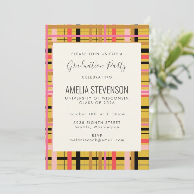 Pink Yellow Modern Plaid Graduation Celebration Invitation (Standing Front)