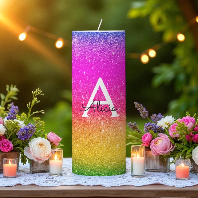 Pink Yellow Monogram Rainbow Glitter  Pillar Candle (Creator Uploaded)