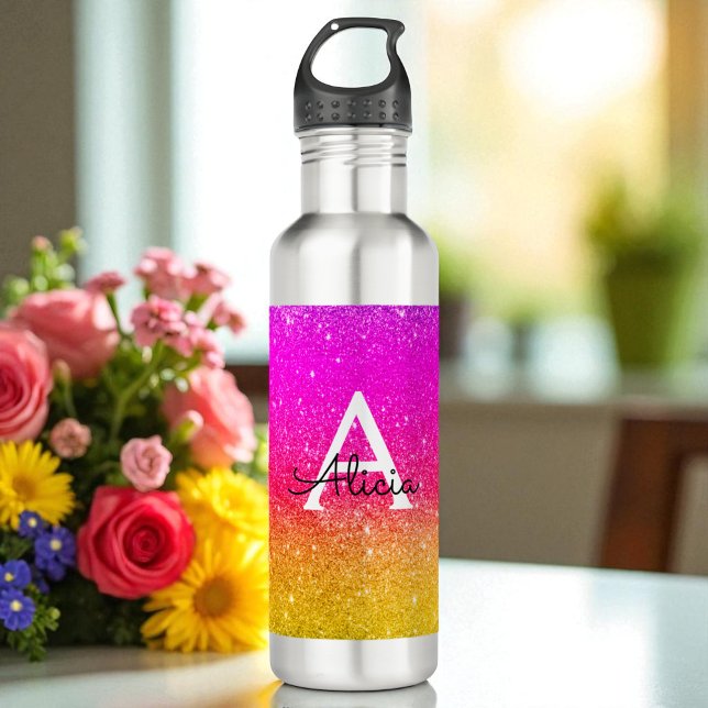 Pink Yellow Monogram Rainbow Sparkle   Stainless Steel Water Bottle (Creator Uploaded)