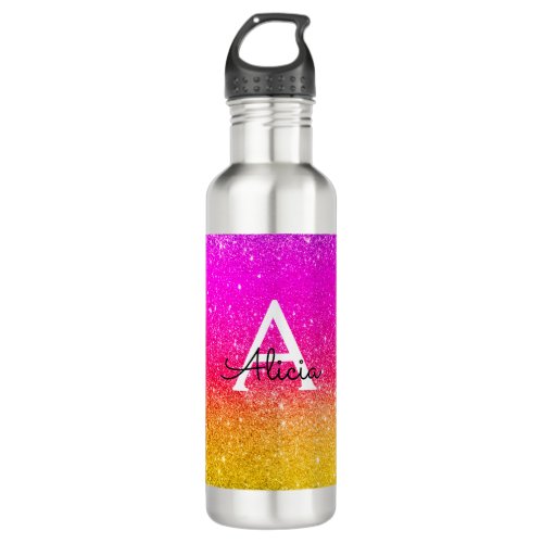 Pink Yellow Monogram Rainbow Sparkle   Stainless Steel Water Bottle