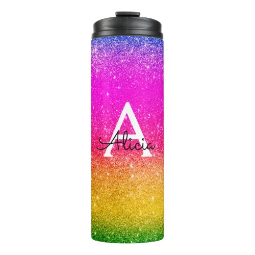 Pink Yellow Monogram Rainbow Sparkle  Thermal Tumbler