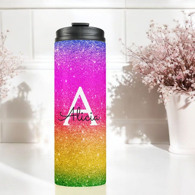 Pink Yellow Monogram Rainbow Sparkle  Thermal Tumbler (Creator Uploaded)