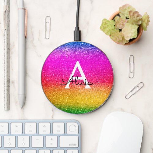 Pink Yellow Monogram Rainbow Sparkle Wireless Charger