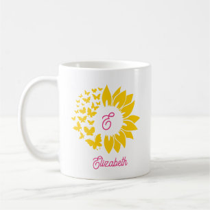 Pink Yellow Monogram Sunflower Butterflies Coffee Mug