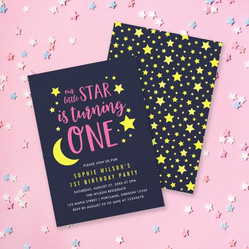 Pink Yellow Moon and Stars 1st Birthday Invitation