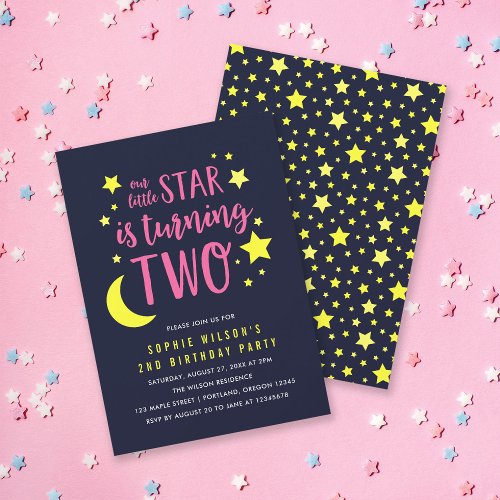 Pink Yellow Moon and Stars 2nd Birthday Invitation