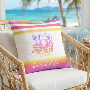 Pink yellow ombre octopus modern beach life script outdoor pillow
