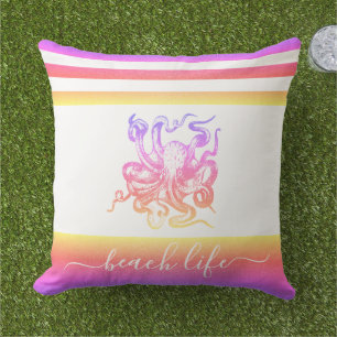 Pink yellow ombre octopus modern beach life script outdoor pillow