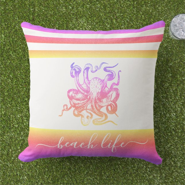 Pink yellow ombre octopus modern beach life script outdoor pillow (Grass)