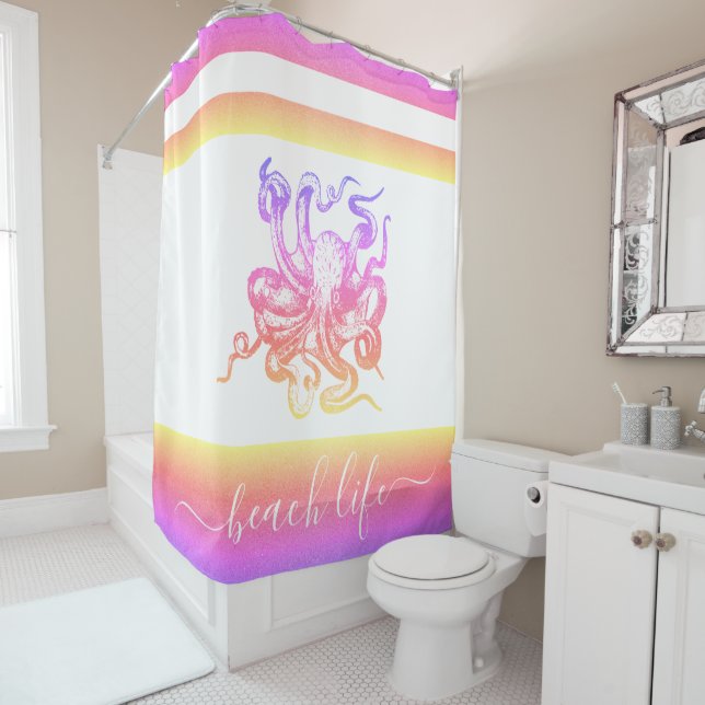 Pink yellow ombre octopus modern beach life script shower curtain (In Situ)