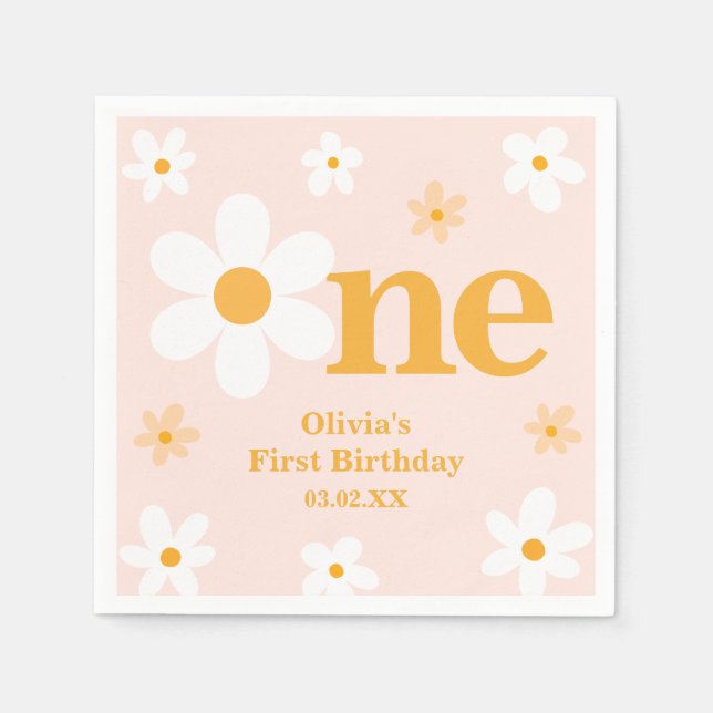 Pink Yellow One Daisy 1st Birthday Girl Napkins (Front)