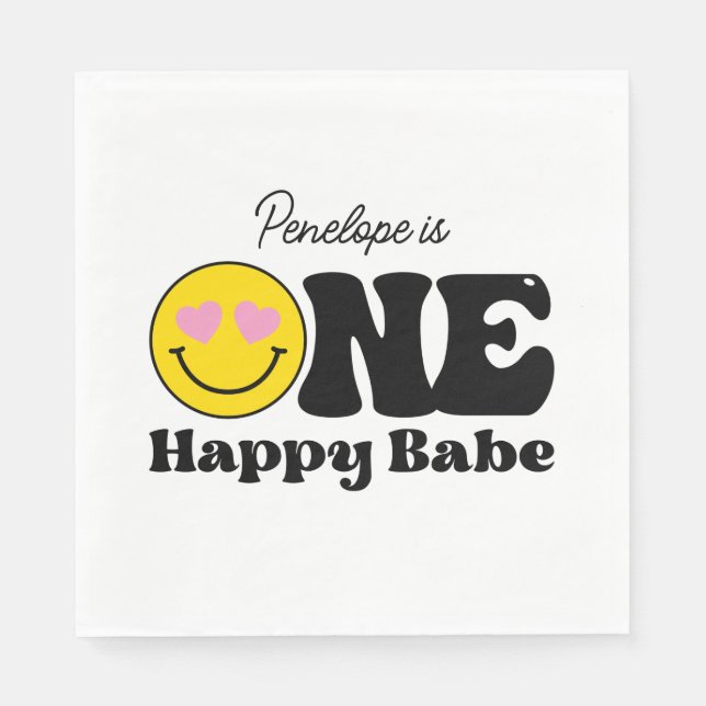 Pink Yellow One Happy Babe First Birthday Napkins (Front)
