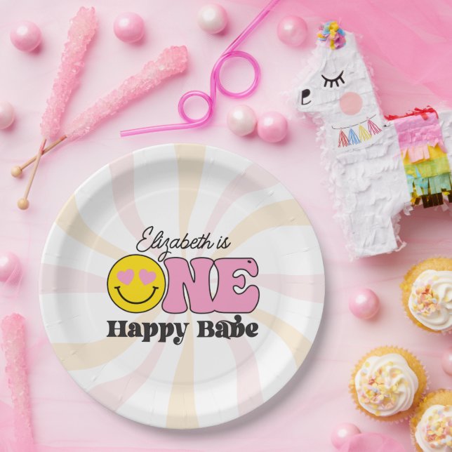 Pink Yellow One Happy Babe First Birthday Paper Plates (Party)