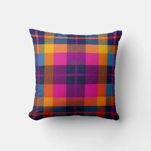 Pink Yellow Orange Blue Colorful Pretty Plaid Throw Pillow