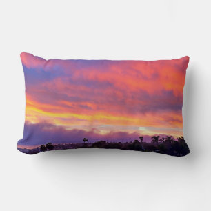 Pink yellow orange blue sunset photo bold coastal lumbar pillow