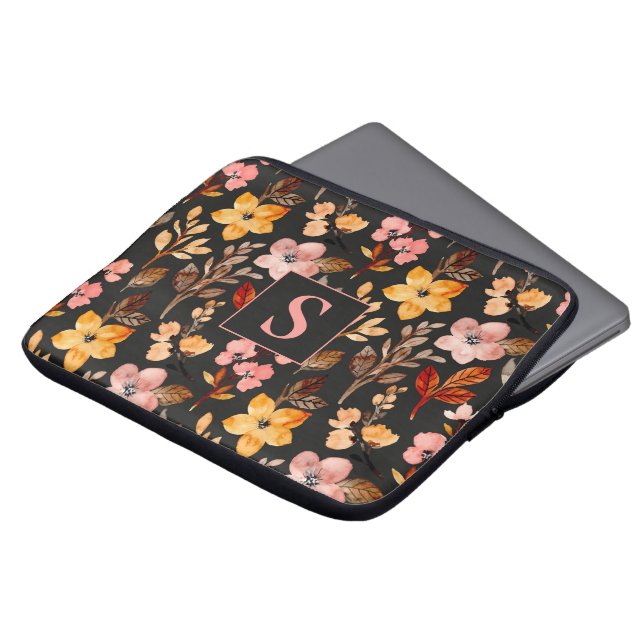 Pink Yellow Orange Floral Black Monogrammed Laptop Sleeve (Front Top)