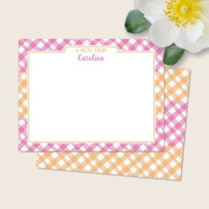 Pink & Yellow Orange Preppy Gingham Stationery Note Card