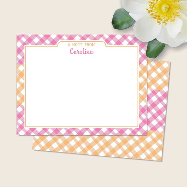 Pink & Yellow Orange Preppy Gingham Stationery Note Card (Creator Uploaded)