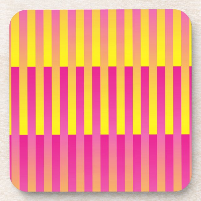 Pink Yellow Orange Striped Pattern Beverage Coaster (Front)