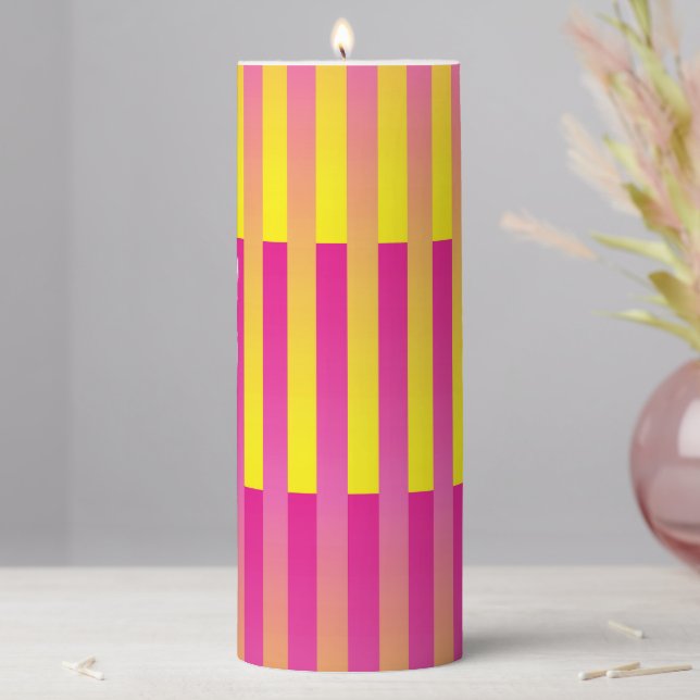 Pink Yellow Orange Striped Pattern Pillar Candle (In Situ)