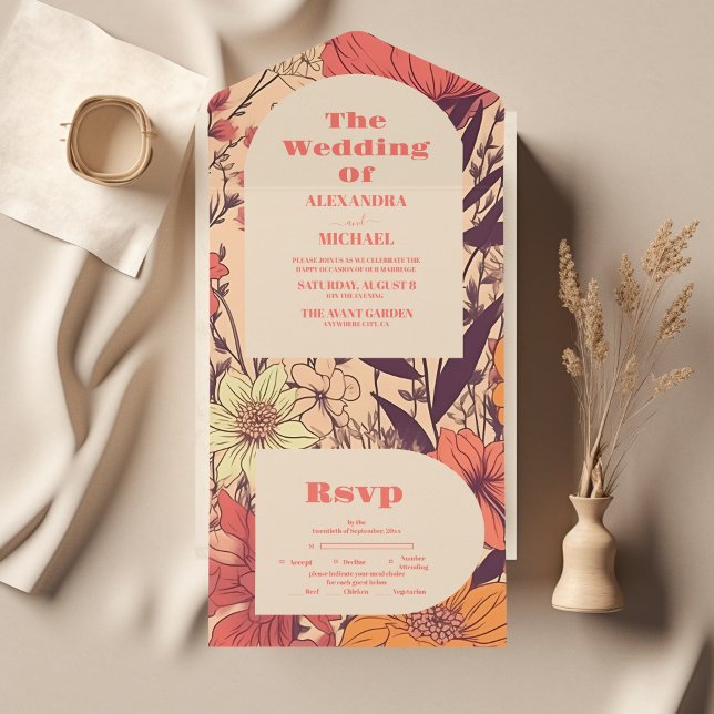  Pink Yellow Orange Wildflowers Wedding All In One Invitation (Creator Uploaded)