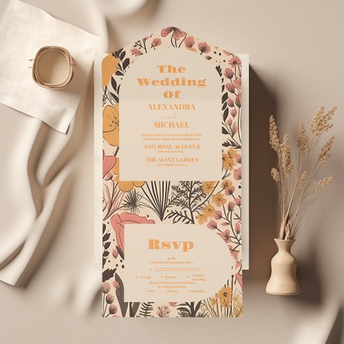  Pink Yellow Orange Wildflowers Wedding All In One Invitation