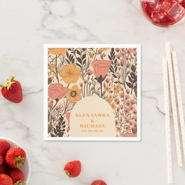  Pink Yellow Orange Wildflowers Wedding Napkins (Insitu)