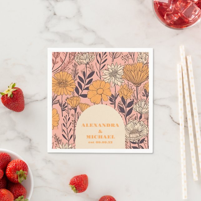  Pink Yellow Orange Wildflowers Wedding Napkins (Insitu)