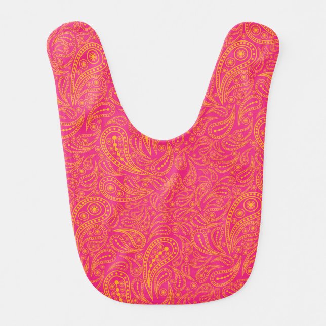 Pink yellow paisley pattern baby bib (Front)