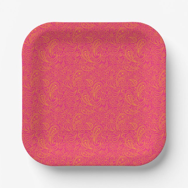 Pink yellow paisley pattern paper plates (Front)