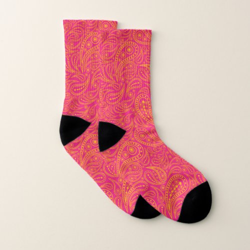 Pink yellow paisley pattern socks