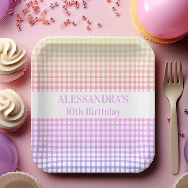 Pink Yellow Pastel Gradient Gingham Birthday Paper Plates (Creator Uploaded)