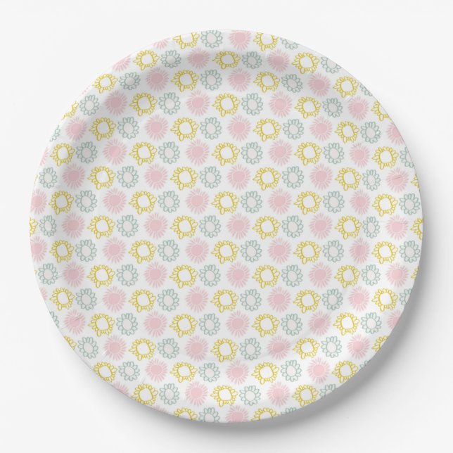 Pink & Yellow Pastel Spring Flowers Paper Plates (Front)