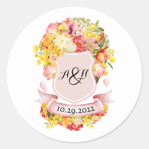 Pink Yellow Peach Floral Monogram Crest Classic Round Sticker