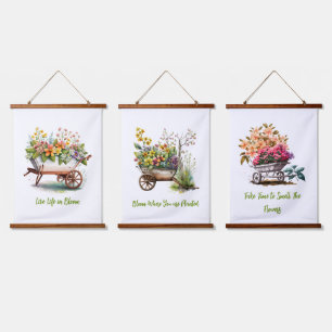 Pink Yellow Peach Flowers Wheel Barrels Hanging Tapestry