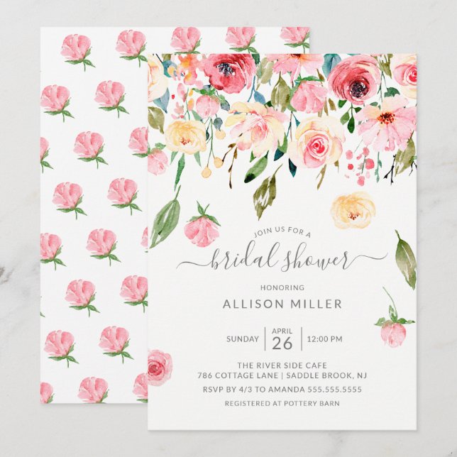 Pink Yellow Peonies Rose Floral Bridal Shower Invitation (Front/Back)