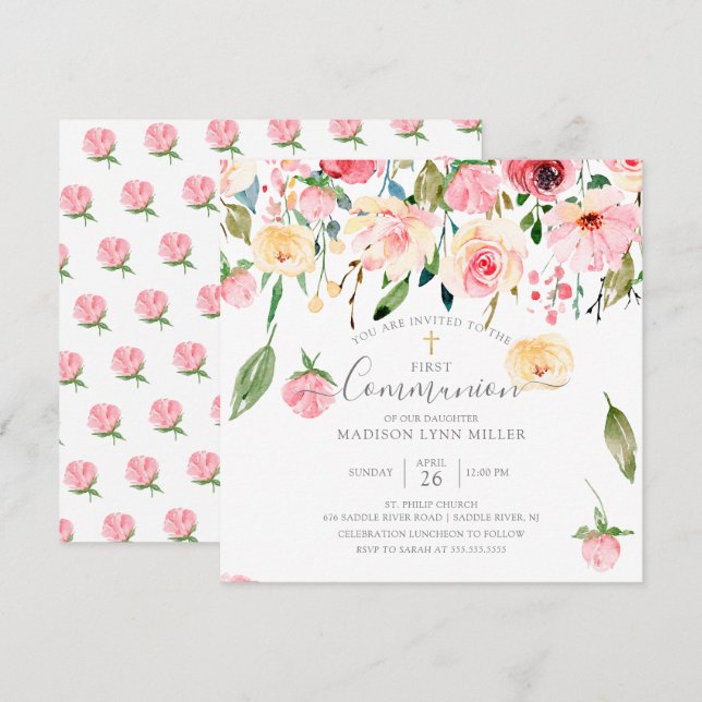 Pink Yellow Peonies Rose Floral Communion Invitation (Front/Back)