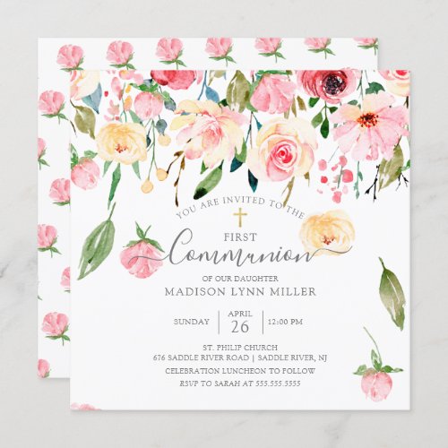 Pink Yellow Peonies Rose Floral Communion Invitation