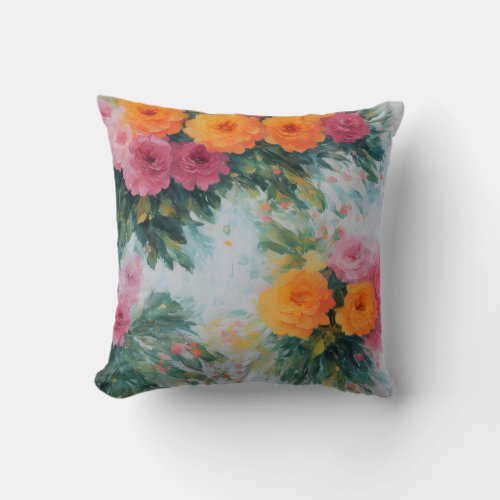 Pink yellow peonies with leaves on a grey backgrou throw pillow