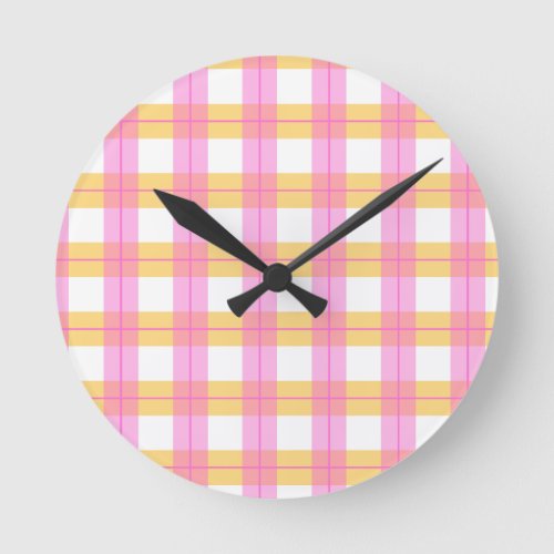 Pink  yellow plaid pattern round clock