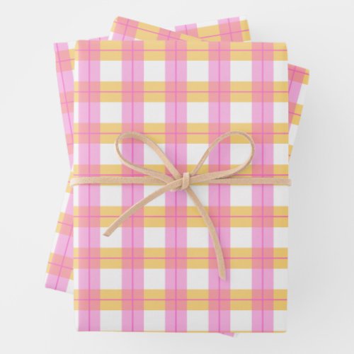 Pink  yellow plaid pattern wrapping paper sheets