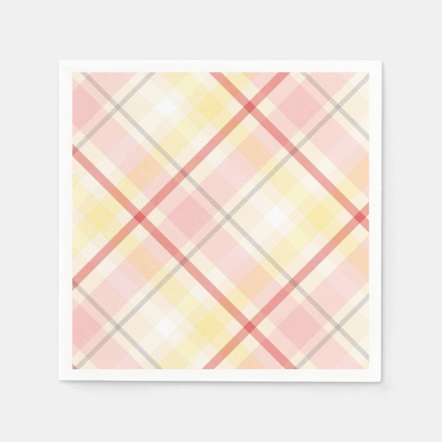 Pink & Yellow Plaid Stripe Argyle Wedding Party Paper Napkins (Front)