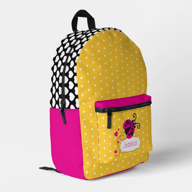 Pink & yellow polka dot & ladybug name  printed backpack (Back Corner Left)